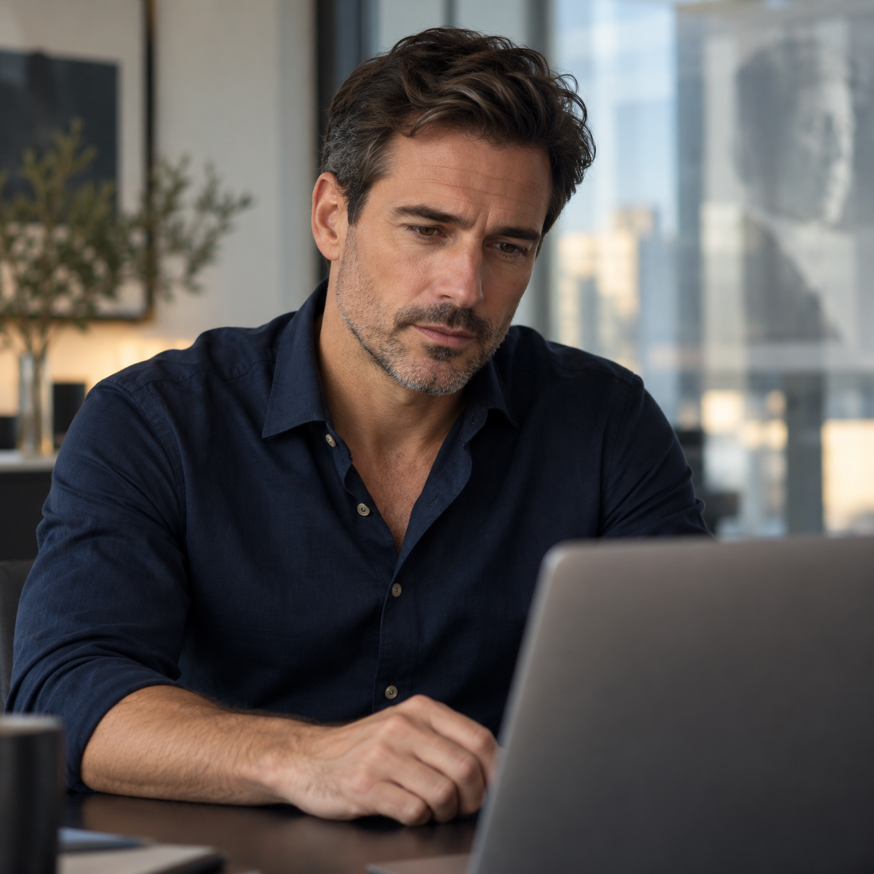 Illustrative scene of a professional considering what appears online
